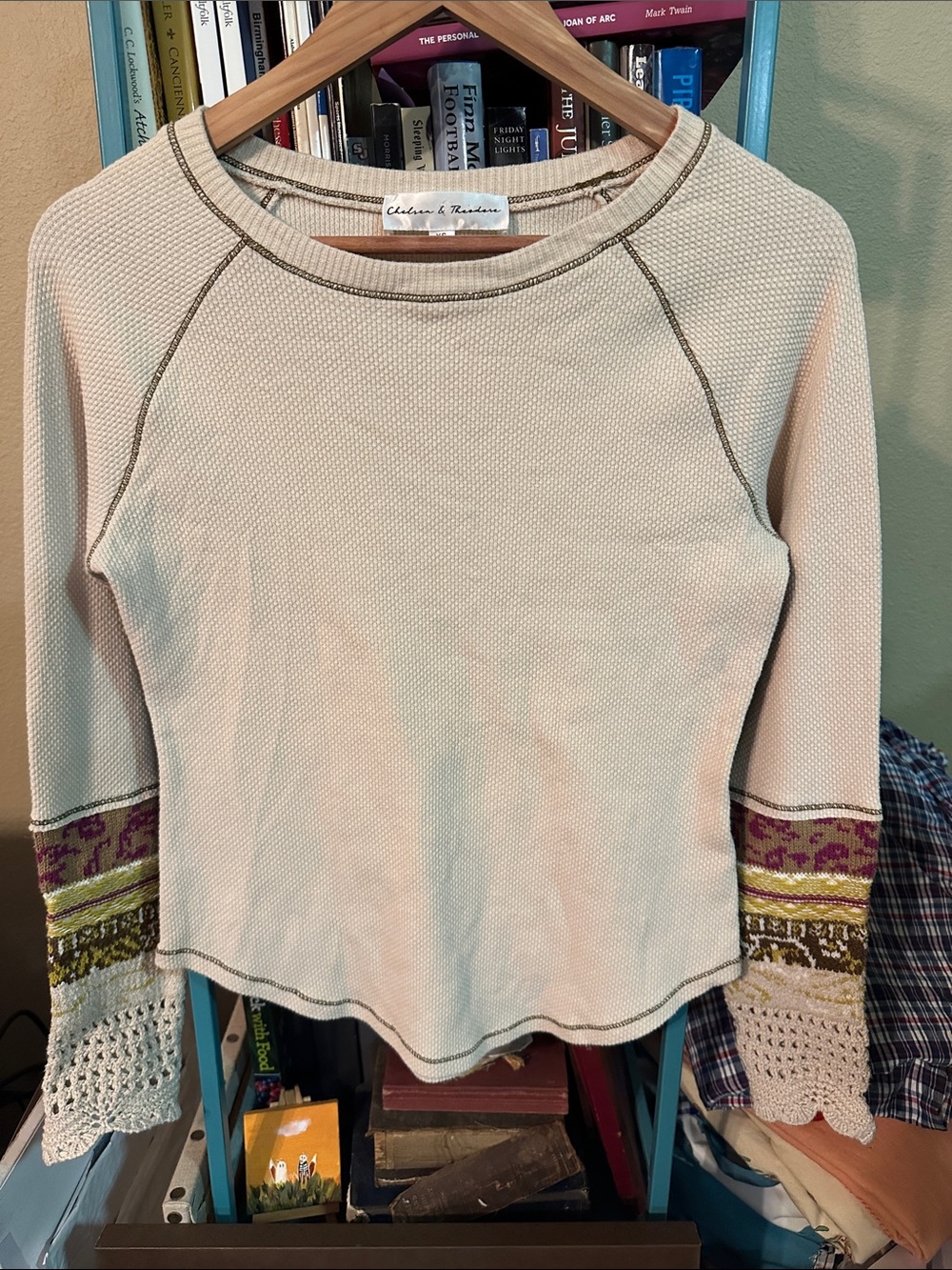 Chelsea & Theodore Cream Raglan Multimedia Top with Knit Sleeve Accents